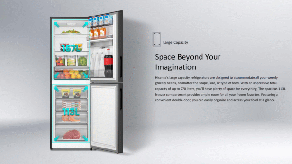 HISENSE 270L BMF INVERTER GLASS DOOR WITH DISPENSER REFRIGERATOR RB1G266NM PREMIUM BLACK - Image 3